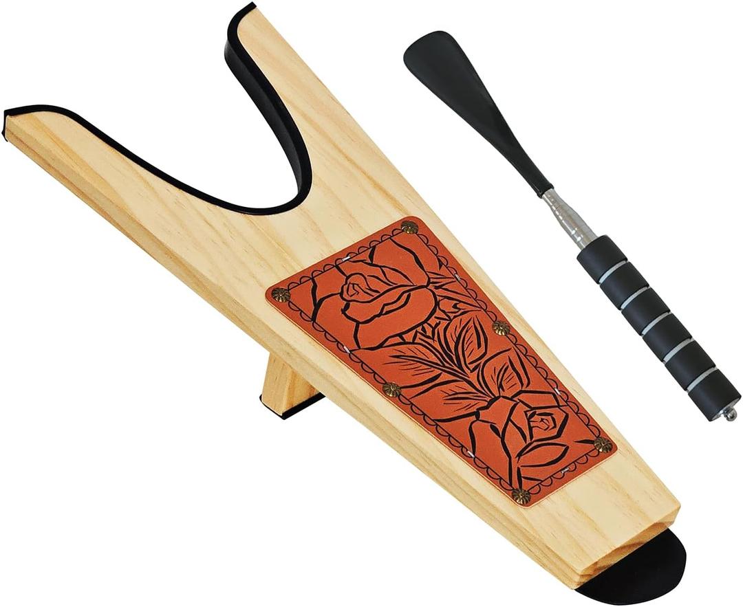 Wooden Boot Jack for Cowboy Boots with Wide Opening Design & Shoe Horn 2-in-1 Boot Remover and Puller