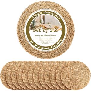 13 Inch Placemats Set of 12, Boho Round Rattan Place Mats for Dining Table Decor, Rustic Woven Chargers for Dinner Plates, Outdoor Patio, Farmhouse Wedding, Water Hyacinth Wicker Braided Placemat
