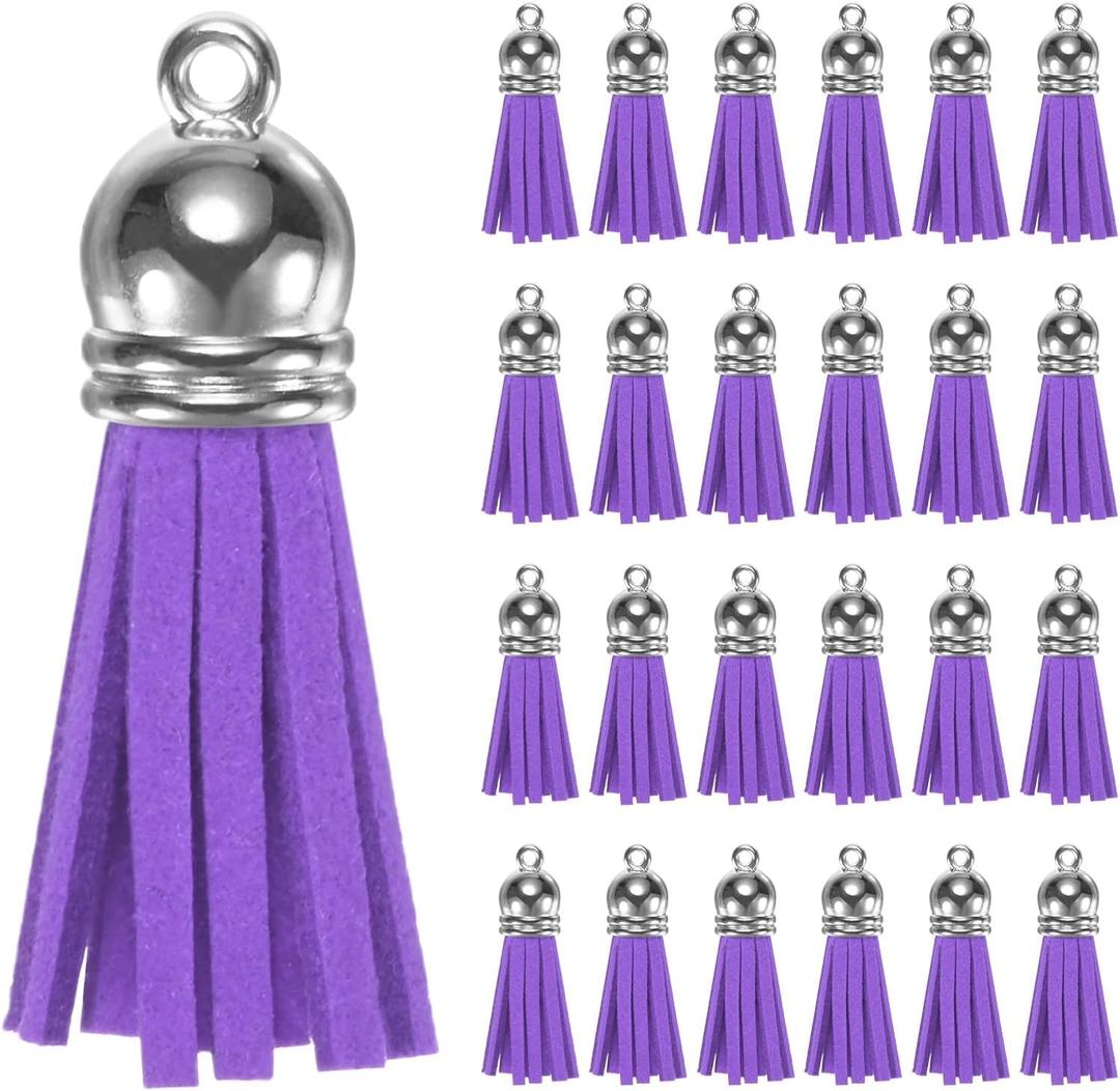M METERXITY 50-Pack Faux Suede Tassel 1.4 Inch Small Keychain Rust Faux Leather Tassels Charm Purple with Rings for DIY Crafts/Keychain/Earrings/Bracelets/Necklace