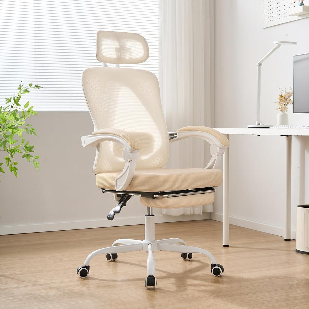 Ergonomic Office Chair with Retractable Footrest, 400LBS Capacity,Synchronized Armrest, Breathable Mesh, Adjustable Lumbar Support