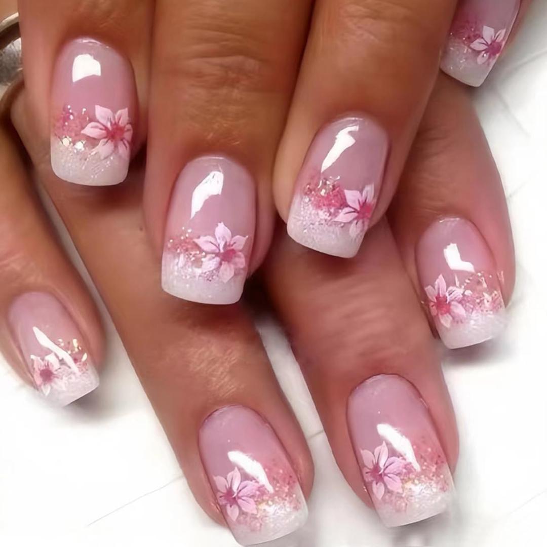 Pink French Tip Short Press on Nails Square Fake Nails with Flower Designs, Cute Press ons Daisy Acrylic Nail Glossy Spring Summer Glue on Nail Pink Stick on FalseNail for Women and Girls, 24Pcs