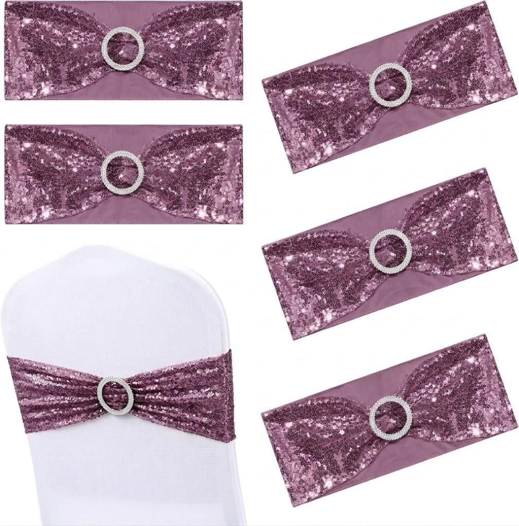 Party Chair Strap,Wedding Banquet Chair Decoration Bow Sashes Tie Ribbon,10pc/lot Gold/Silver Elastic Sequin Chair Bands Hotel Banquet Chair Decor Wedding Ceremony Party Decorative Spandex Chair Sash (Mauve)