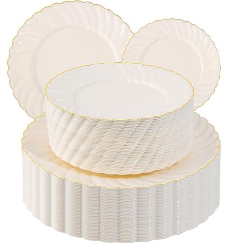 U-QE 100 Piece Ivory Scalloped Plastic Plates for Party with Gold Rim - Plastic Party Plates Disposable Heavy Duty - High End Disposable Plates Include 50pcs Dinner Plates 9"&50pcs Dessert Plates 6.5"