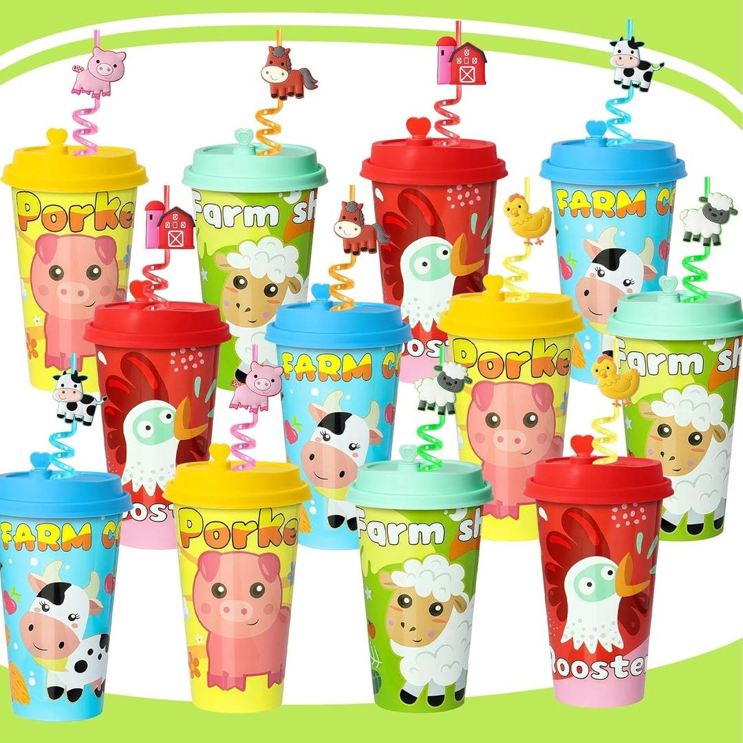 AFZMON 24 Sets Farm Animal Party Favors Goodie Cups With Lids and Silly Straws Bulk, Farm Birthday Decorations for Kids Barnyard Bags Stuffers Gifts