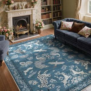 Moynesa Vintage Blue Area Rugs 8x10, Washable Boho Animal Rug for Living Room, Bedroom, Dining Room, Large Low Pile Soft Non Slip Retro Indoor Floor Carpet (8x10 Blue)