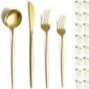 Evanda Gold Silverware Set 64 Piece Service for 16, Titanium Gold Plated Stainless Steel Flatware Set, Knives Forks Spoons Cutlery Set for Wedding, Parties, Birthday, Restauroom, Dishwasher Safe