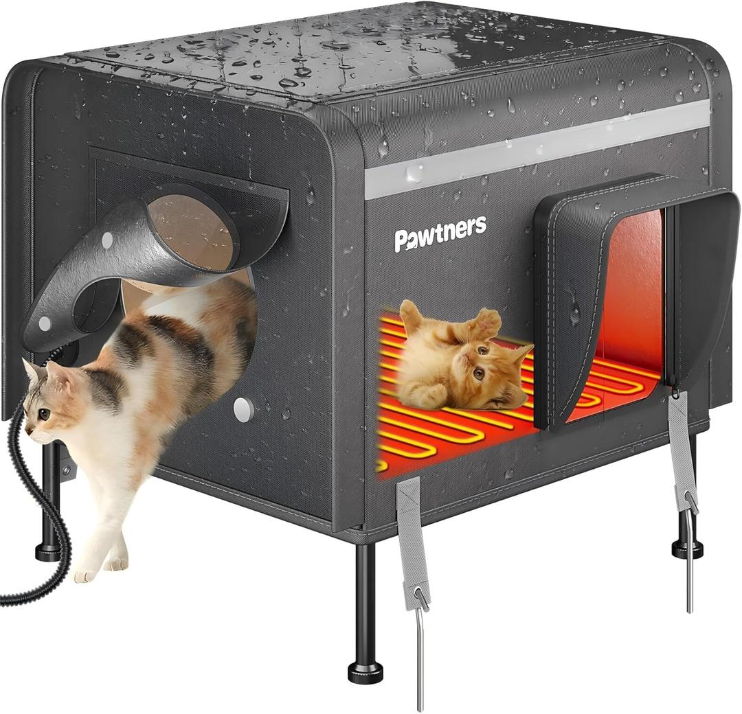 Pawtners Heated Outdoor Cat House for Outside Cats, 19'' Large Insulated Weatherproof Cat Shelter with Heated Pad, Elevated Feet & Escape Door, Warm Kitty House for Feral or Stray Cats in Winter (Grey)