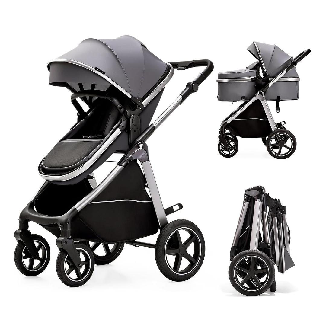 2-in-1 Convertible Baby Stroller, Newborn to Toddler 0-36M, Reversible Fully Reclining Seat, One-Hand Fold, All-Wheel Spring Suspension, 5-Point Safety Harness, Gray
