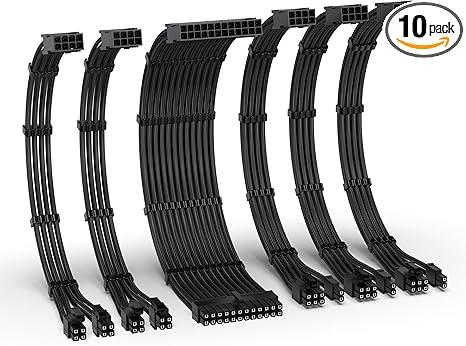 EZDIY-FAB PSU Cable Extension Kit, 300MM Black, 16AWG, 68 Pins, ATX, EPS, PCI-E, 10 Pack, 1000W, 13A, 12V, Indoor, PC Power Supply Cables