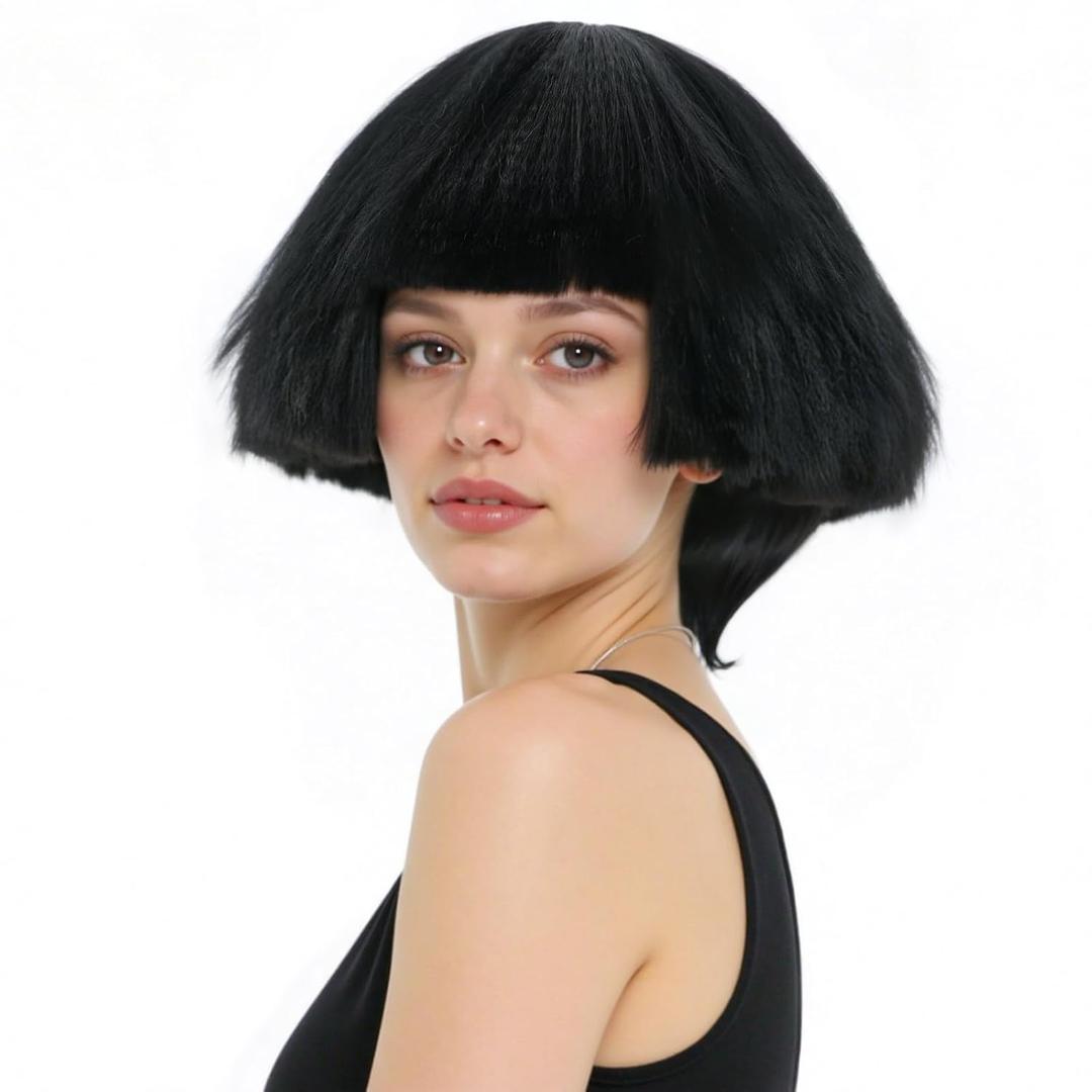Black Bowl Cut Wig Women Funny Wigs for Women Adults Men Haircut Fluffy Straight Mushroom Wigs Yaki Wig for Anime Cosplay Costume Outfit Halloween Party+ Hair Cap