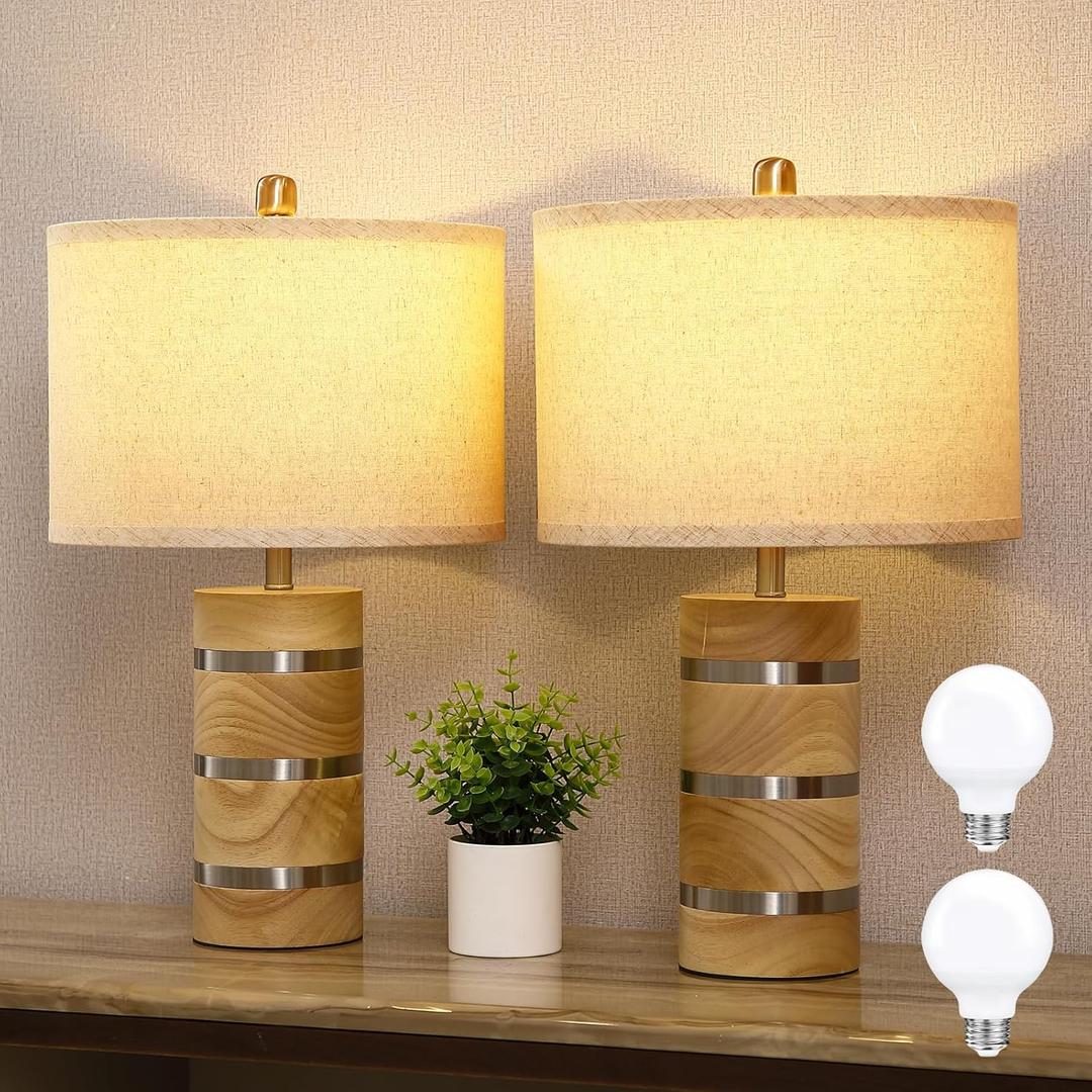 SUETONG Retro Table Lamp,Farmhouse Nightstand Lamp,Rustic Wood Bedside Lamps,Desk Lamp for Bedroom Living Room Patio Hallway Hotel,UL Listed,Bulbs Included,Set of 2 (White birch wood)