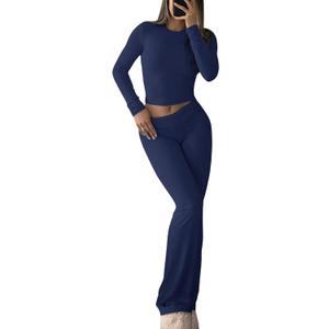 Women's 2 Piece Lounge Set Long Sleeve Crop Top and High Waisted Flare Pants Soft Knit Loungewear Outfit (Navy) XS