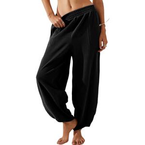 Springrain Womens Baggy Wide Leg Pants Cotton Elastic Waisted Loose Palazzo Harem Pants with Pockets(Black-XXL)