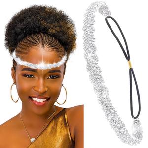 Fstrend Silver Elastic Rhinestone headbands Boho Sparkly Crystal Headpieces Summer Beach Head Chain for Women (Silver A)