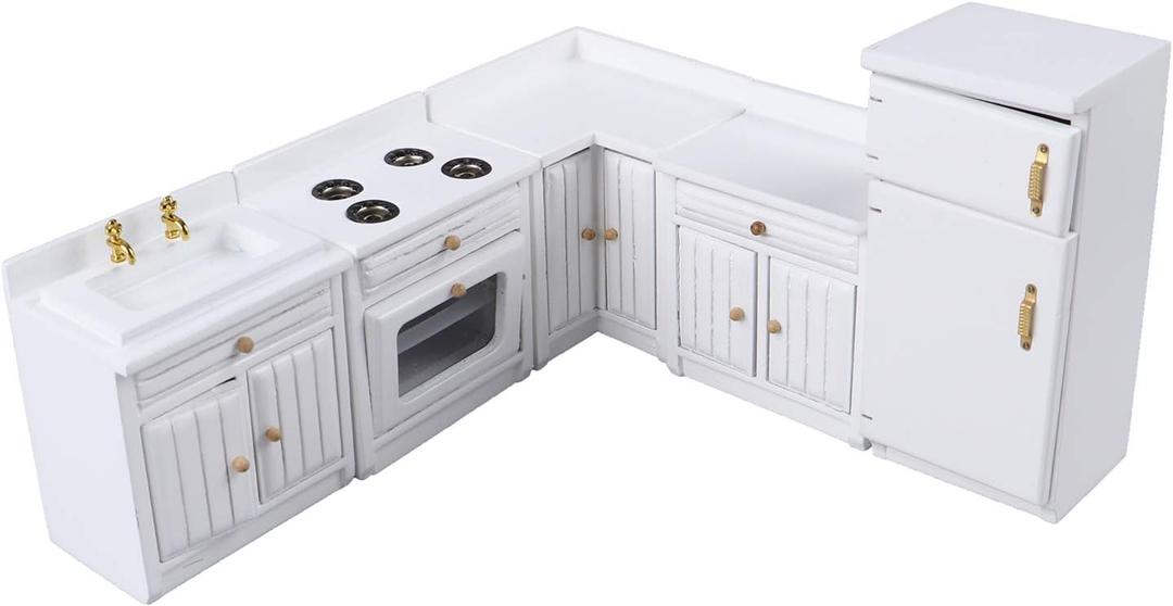 Dollhouse Kitchen Furniture Kit 1:12 Doll House Miniature Suite Wooden Kitchen Cabinet Fridge Set Dining Room for Miniature Dollhouse Furniture Scenes Accessories