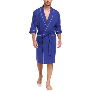COLORFULLEAF Men's Bathrobes Summer Lightweight 100% Cotton Short Sleeve Robe for Mens with Pockets (XX-Large, 2-Cobalt Blue)