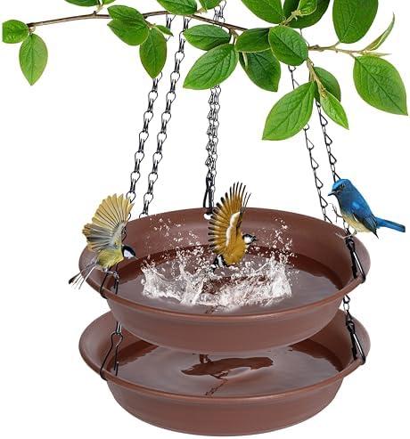 VUWEZ Hanging Bird Bath, Hanging Bird Water Feeder for Outdoors, Feeder Bowl, 2 Pack Birdbath Tray Accessories for Outside, Plastic Birdbaths Tray for Garden Patio Decoration (10", Chocolate)