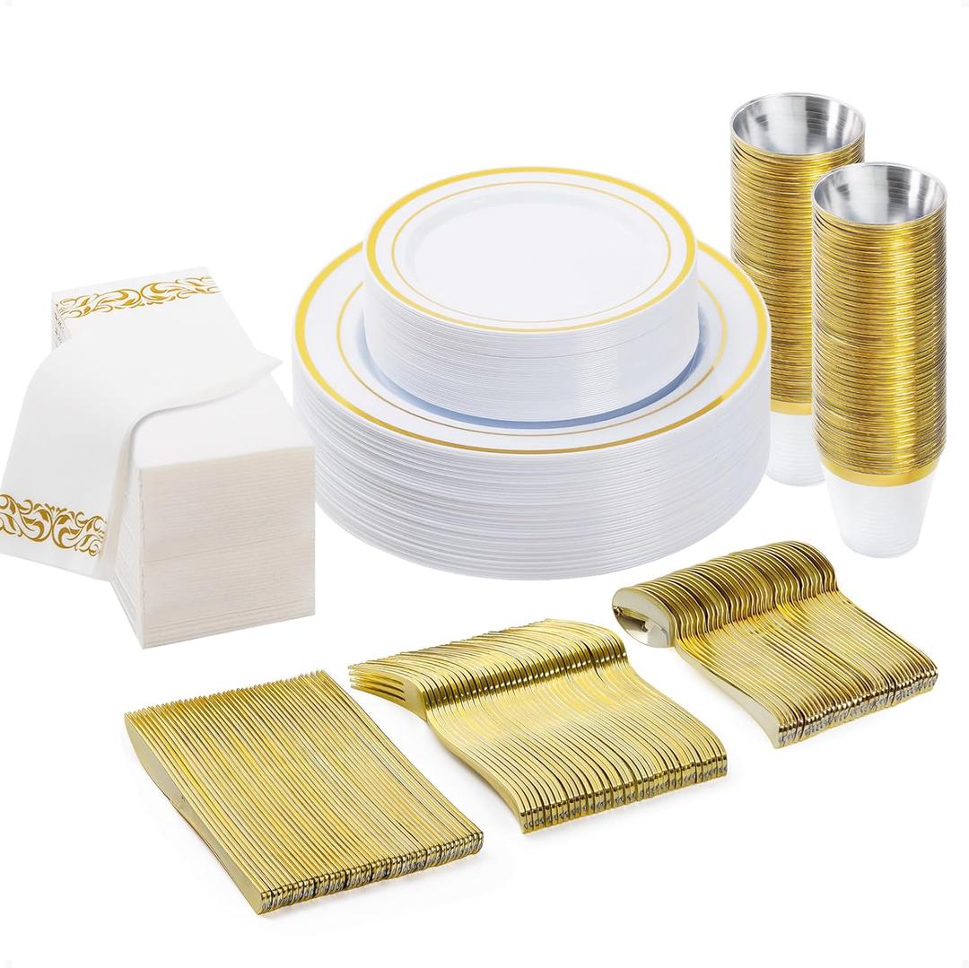 BESTVIP 175 PCS Gold Dinnerware Set for 25 Guests, Plastic Dinnerware Set for Party, Wedding, Christmas, Include: 50 Plastic Plates, 25 Gold Silverware, 25 Cups, 25 Paper Napkins
