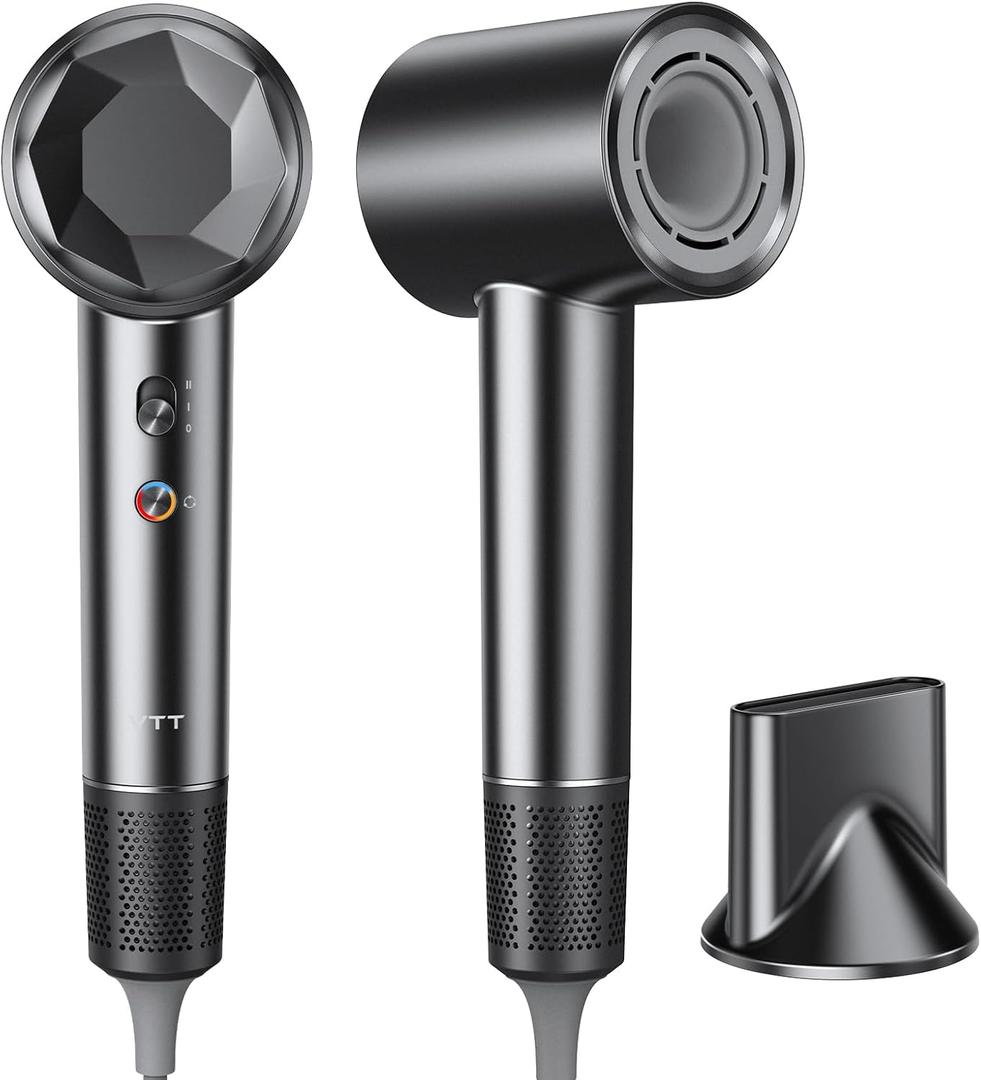 VTT Hair Dryer, 150000 RPM High Speed Blow Dryer with Intelligent Temperature Control, Magnetic Nozzle, Fast-Drying, Low Noise Hair Blow Dryer for Men and Women, for Curly Hair, for Home Travel Salon (Grey)