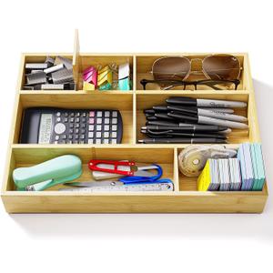 Bamboo Drawer Organizer with 9 Adjustable Compartments, Office Desk Organization Tray for Office Utensils, Supplies, Makeup, Jewelry, and More  Ideal for Desk or Drawer Storage