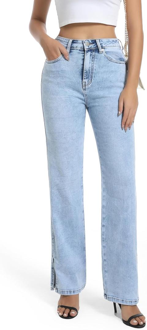 Womens Jeans High Waisted Stretchy Straight Leg Split Hem Jeans for Women Trendy Classic Denim (6, Light Blue)