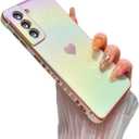 ZTOFERA for Samsung Galaxy S21 FE Case 6.4 inch,Cute Colorful Iridescent Plating Edge Case with Love Hearts Pattern,Camera Lens Protection Shockproof Phone Case for Women Girls,Iridescent White