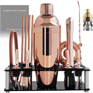 14-Piece Cocktail Shaker Set Bartender Kit with Black Stand, Bar Tool Set for Drink Mixing Bartending Kit Bar Sets Accessories: 750ml(25oz) Shaker, Jigger, Muddler, Cocktail Recipes (Rose Gold)