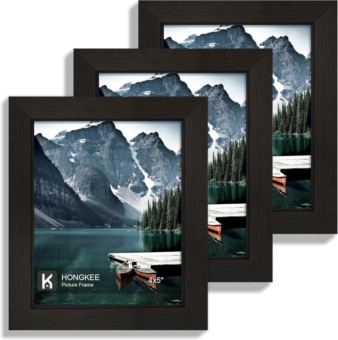 Hongkee 4x5 Picture Frame - Made of Real Glass and Black Wooden Frame, 4 by 5 small Photo for Wall or Tabletop Display, 3 Pack