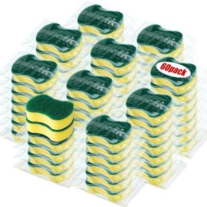 Tanlade 60 Pcs Individually Wrapped Sponges Kitchen Bulk Non Scratch Scouring Sponges for Dishes Household Cleaning Travel Apartments Hotel Car (Yellow Green)