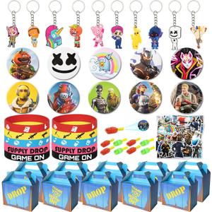 Video Game Birthday Decorations,100Pcs Party Favors,Include 10 Wrists,10 Button Pins,10 Key Chains,10 Gift Bags and 50 Stickers