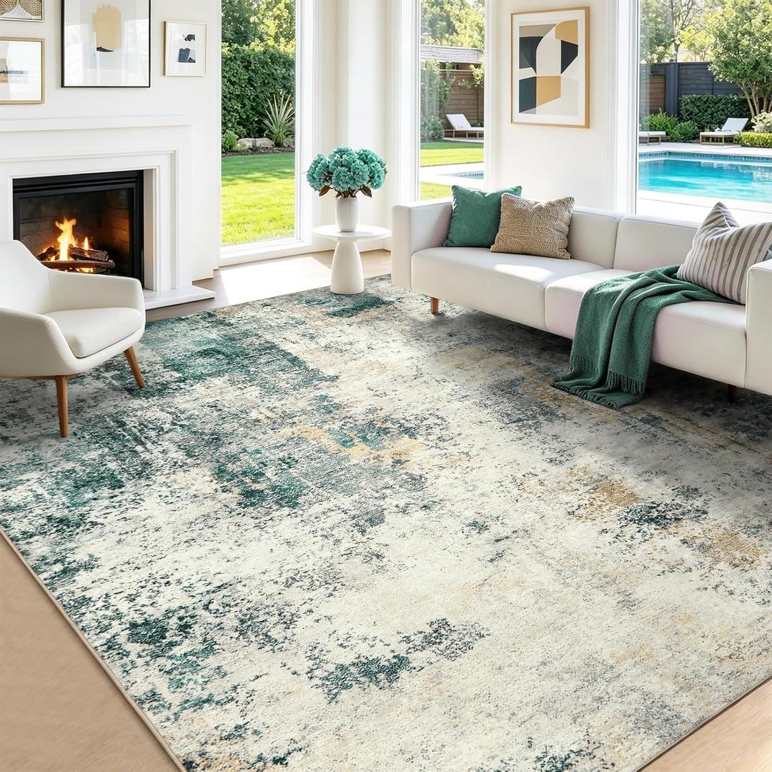 Washable Area Rug Living Room Rugs 9x12 - Neutral Modern Abstract Rugs Soft Carpet with Non Slip Backing for Under Dining Room Table, Bedroom, Home, Office, Dorm - Gray Green