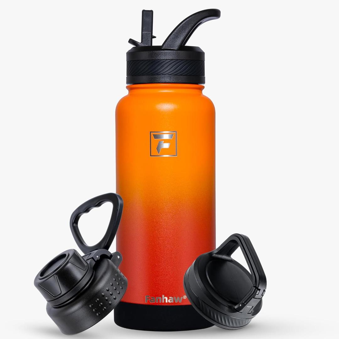 Fanhaw 32 oz Insulated Water Bottle  Portable Stainless Steel Flask with 3 Lids (Straw, Spout, Carabiner) | Leakproof, for Gym, Hiking, Work, Travel & Everyday Use(Yellow Orange)