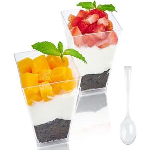 JOLLY CHEF  3 oz Square Mini Dessert Cups with Spoons, Clear Plastic Parfait Appetizer Cup, Small Plastic Dessert Serving Bowl for Tasting Party