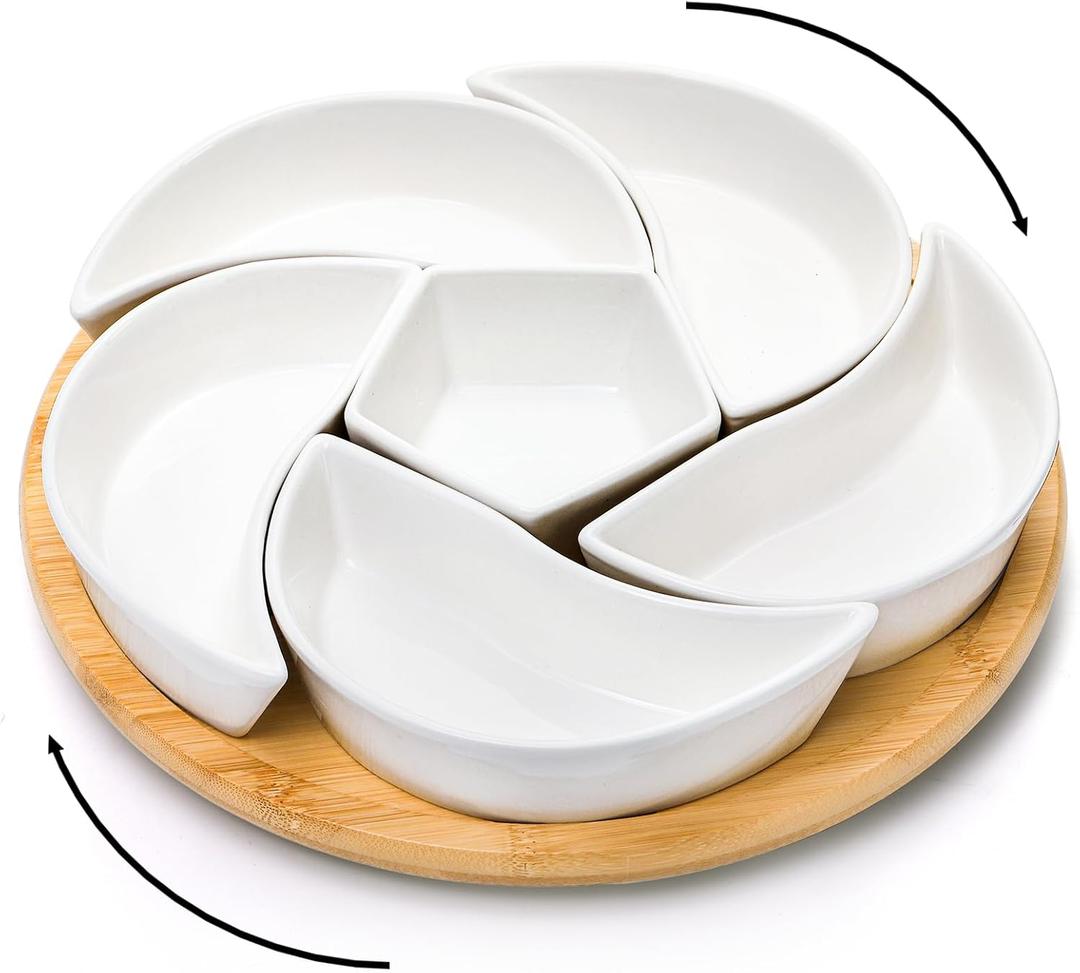 Ceramic Serving Tray Platters Lazy Susan, Rotating Divided Serving Set with 6 Removable Compartment, 11'' Appetizer Relish Dish, Snack Bowl Set for Christmas, Thanksgiving, Party, Kitchen
