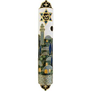 Hand Painted Mezuzah, Exquisite Enamel Mezuzah with Star of David and Jerusalem Motifs