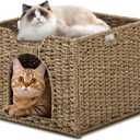 Cat Houses for Indoor Cats, Handwoven Natural Seagrass Cat Cave Pet Cube,Foldable Pet Cat House, Cat Beds with Double-Sided Mat, Hideaway, in Living Room Bedroom