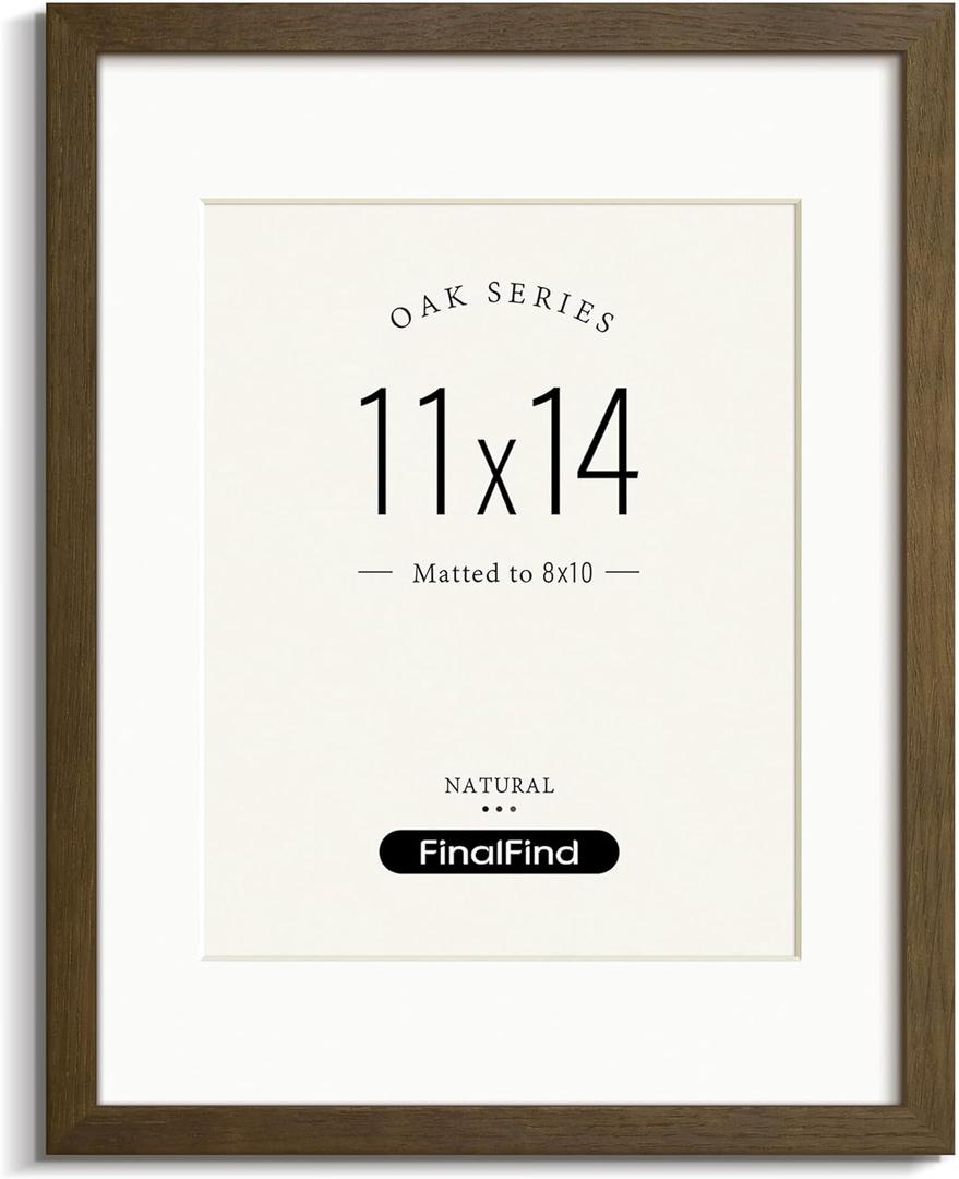 11x14 Picture Frame with Mat for 8x10, Brown Walnut, Solid Wood 11x14 Frame with Tempered Glass for Photos or Art Prints, Display on Horizontal & Vertical Wall Mounting (Single,Walnut)
