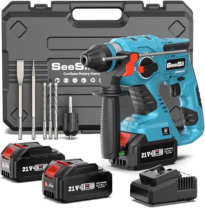 Seesii Cordless SDS-Plus Rotary Hammer Drill for Concrete, 2 × 4.0Ah Batteries, Includes 3 Drill Bits, Flat & Point Chisels, Lightweight Power Tool for Home Improvement, DIY & Masonry