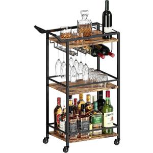 3 Tier Bar Cart, Mini Utility Cart for Beverage Dinner Party, Rolling Coffee Drink Serving Cart with Lockable Wheels for Home Kitchen Bars (Rustic Brown)