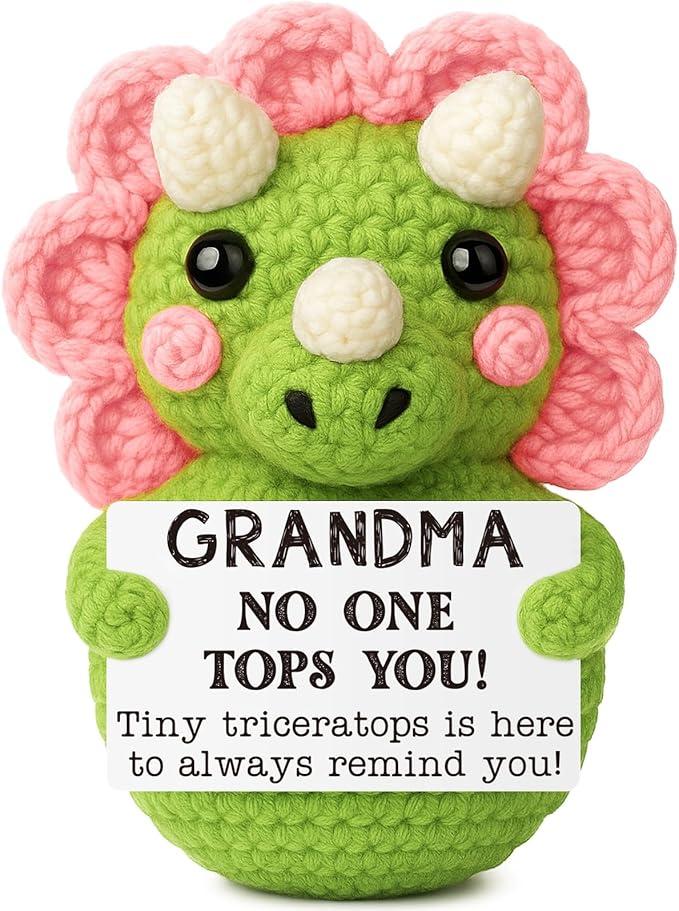 Xinezaa Mothers Day Birthday Gift for Grandma from Granddaughter Grandson, Mini Crochet Triceratops with Pun Sign, Cute Handmade Dinosaur Grandma Birthday Keepsake