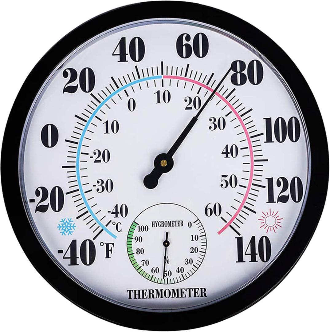 Indoor Outdoor Thermometer Hygrometer - Waterproof Hanging Wall Thermometer Decorative Outdoor Thermometer Large Numbers, No Battery Needed Outdoor Thermometers for Patio (10 Inch, Black 10")