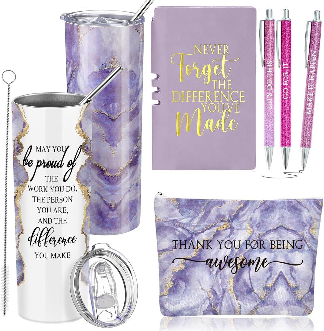Domensi 6 Pcs Employee Appreciation Gift Set for Women Female Thank You Gift May You Be Proud 20 oz Rustic Blue Marble Sign Tumbler Makeup Bag Journal for Teacher Nurse Lady Work Business, (Purple)