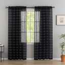 Conkov Sheer Black Curtains 90 Inches Long,Boho Style Faux Linen Curtains 2 Panels, Boho Embroidery Striped Drapes for Living Room, Bedroom,Rod Pocket Window Treatment Drapes for Decor, 52" W x 90" L