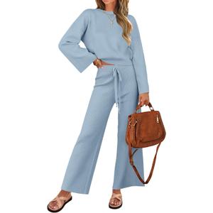 ZESICA Women's 2 Piece Outfits Set 2026 Casual Long Sleeve Knit Pullover Top and Wide Leg Pants Sweatsuit Lounge Sets (Blue, XL)