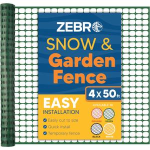 ZEBRO 4' x 50' Green Plastic Garden Fence Roll  Light Duty Mesh Fencing for Temporary Fence, Snow, Garden Netting, Animal Barrier, Agricultural Fencing & Lawn Protection
