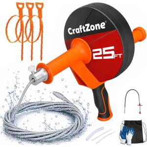 Drain Auger 25 Ft, Plumbing Snake With Drill Adapter, Pipe Clog Remover for Kitchen Bathroom Shower Sink Cleaning, Flexible Spring Steel (Orange)