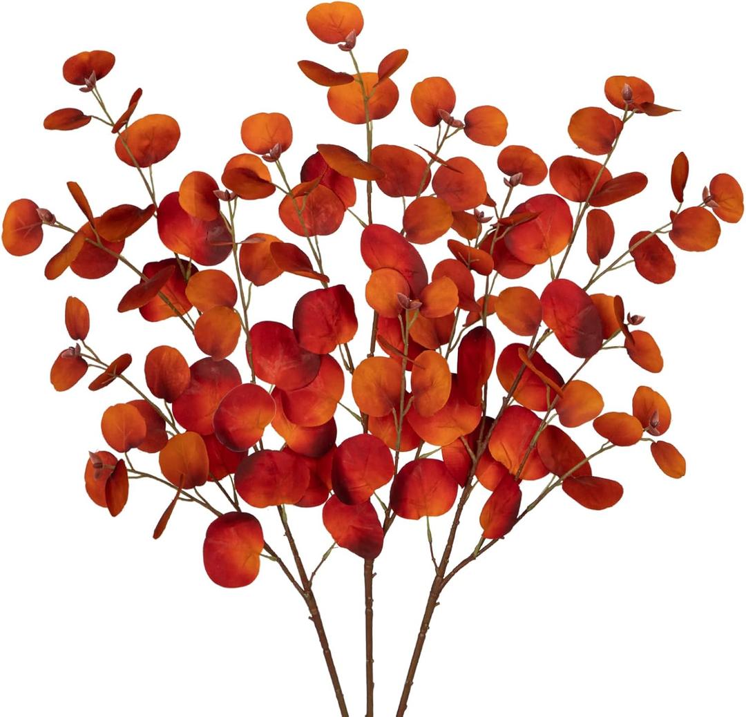 Fall Leaves Stems Artificial Eucalyptus Fall Stems Fake Eucalyptus Decor Silk Faux Fall Stems 3Pcs Eucalyptus Plant Branches for Vase Home Centerpiece Wedding Autumn Decoration(Dark Orange)