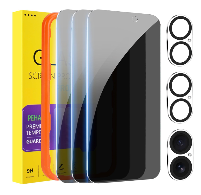 PEHAEL 2+2 Pack for iPhone 15 Pro Max Privacy Screen Protector with Camera Lens Protector Full Coverage AntiSpy Tempered Glass Film 9H Hardness Easy Installation Bubble Free [6.7 inch]