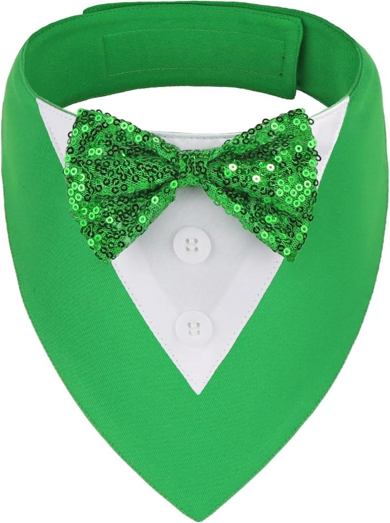 ADOGGYGO St.Patrick's Day Dog Tuxedo Bandana, Green Pet Tux Collar with Bowtie Adjustable St Patricks Costume for Medium Dogs Pets (M)