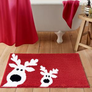 Cute Reindeer Christmas Bath mat Machine Washable Non Slip, 16W x 24L Vibrant Red Festive Christmas Bathroom Rugs Decor, Absorbent Shaggy Microfiber Xmas Holiday Winter Bath Rug Shower Floor Mat